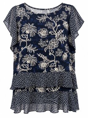 Cabi XL Navy Floral Ruffle Blouse Sheer Layered Top Boho